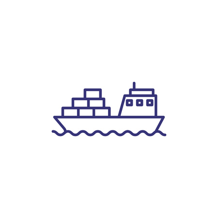 Cargo ship line icon. Freighter with parcels, boxes, goods. Delivery concept. Can be used for topics like shipment, international, logistics, exportのイラスト素材
