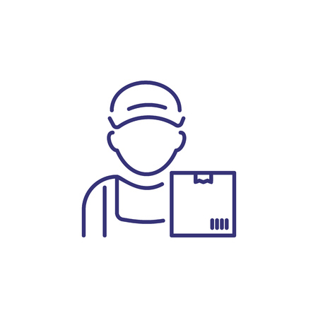 Courier line icon. Man in cap with parcel, box, package. Occupation concept. Can be used for topics like logistics, order delivery, customer serviceのイラスト素材