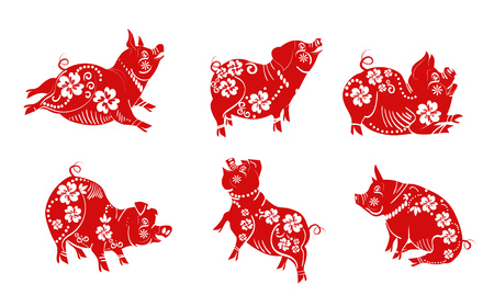 Red cute pig. Cartoon character set with different poses and actions. Ornament, covered with drawing, playing silhouette. Can be used for new year celebration, holiday, pork, bbq restaurantのイラスト素材