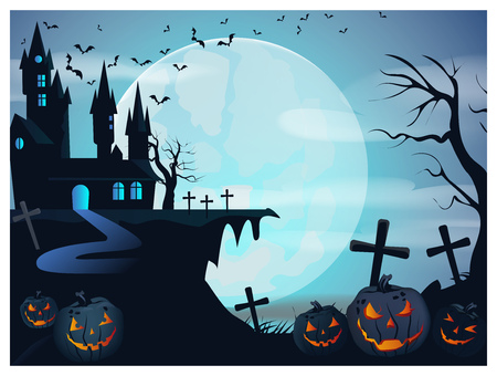 Narrow road to gothic castle vector illustration. Edge of earth with grave crosses on full moon. Halloween conceptの写真素材