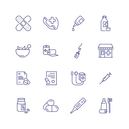 Health care line icon set. Drugstore, pills, syringe. Medicine concept. Can be used for topics like emergency, first aid, medical helpのイラスト素材
