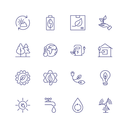 Recycling line icon set. Forest, car charge station, water resource. Ecology concept. Can be used for topics like environment protection, sustainable development, alternative fuelのイラスト素材
