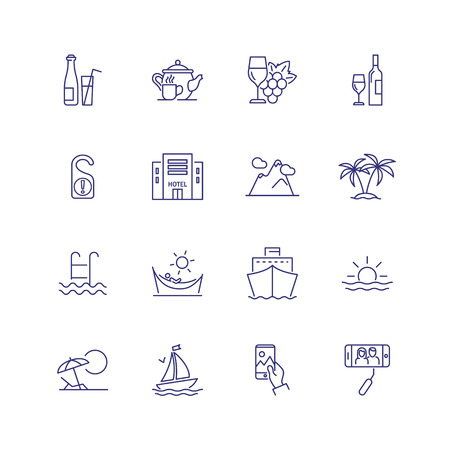 Vacation line icon set. Hotel, palms, cruise ship. Tourism concept. Can be used for topics like resort, travel, journeyのイラスト素材