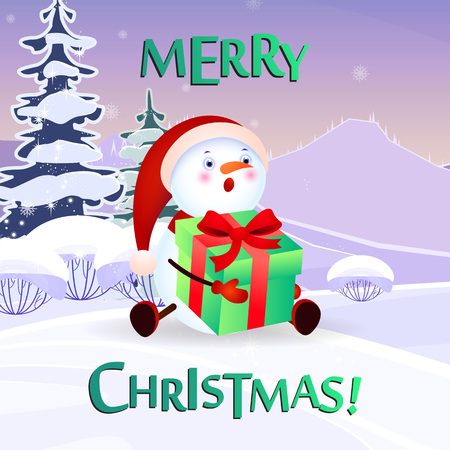 Christmas poster design with cartoon snowman. Creative lettering with cartoon character of funny snowman holding gift box. Snowy trees on background. Can be used for greetings, banners, postersのイラスト素材