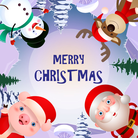 Merry Christmas banner design. Creative lettering with Santa Claus, snowman, cute deer and pig in Santa costume on background with snowy forest. Can be used for postcards, invitations, greeting cardsのイラスト素材