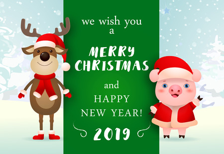 Merry Christmas and Happy New Year creative green greeting card design. Creative bright green inscription with characters of funny pig and deer. Can be used for greetings, postersの写真素材