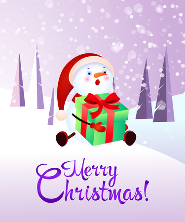 Wishing Merry Christmas and Happy New Year snowman with gift banner design. Creative calligraphy with cartoon character of snowman with gift. Snowy trees. Can be used for posters, banners, greetingsのイラスト素材