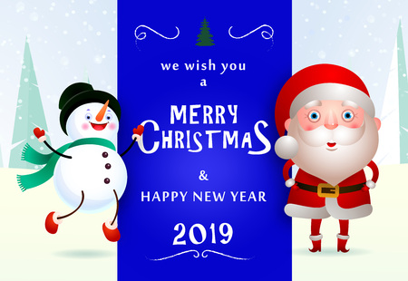 Wishing Merry Christmas and Happy New Year blue poster design. Creative inscription with Santa Claus and snowman on blue background. Can be used for greeting cards, leaflets, bannersのイラスト素材