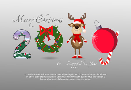 Two thousand and nineteen creative numbers festive banner. Numbers in form of cartoon deer, tree decoration and Christmas wreath. Can be used for postcards, greetings, bannersのイラスト素材