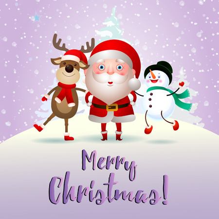 Merry Christmas with cartoons purple banner design. Creative purple lettering with cartoon characters of Santa Claus, snowman and deer. Can be used for leaflets, postersのイラスト素材
