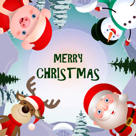 Merry Christmas leaflet design. Creative lettering with cartoon characters of deer, pig, snowman and Santa Claus. Can be used for postcards, posters, leafletsのイラスト素材