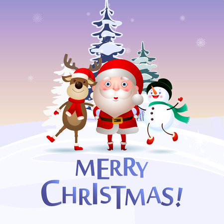 Merry Christmas poster design with snowman, deer and Santa Claus. Creative lettering with funny cartoon characters dancing. Snowy trees on background. Can be used for postcards, banners, leafletsのイラスト素材