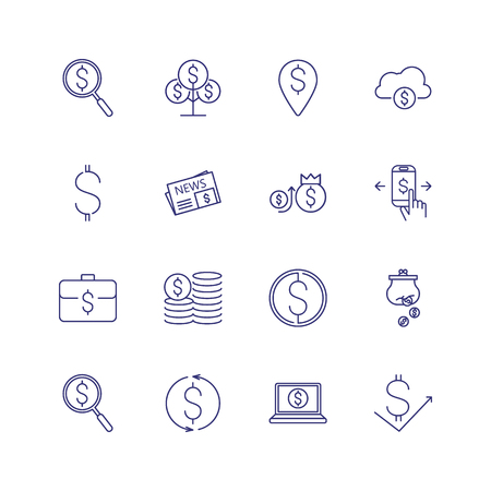 Financial news line icon set. Newspaper, coin stacks, online payment. Finance concept. Can be used for topics like business, investment, accountingのイラスト素材