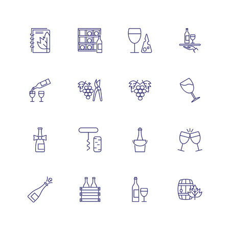 Alcoholic beverage store icons. Set of line icons on white background. Toast, grape, wine list. Drinks concept. Vector can be used for topics like winery, restaurant, partyのイラスト素材
