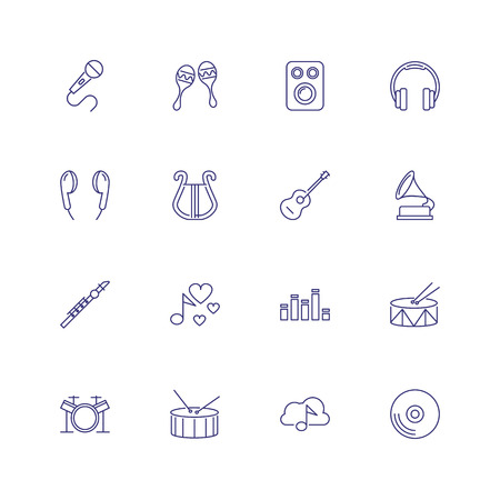 Audio icons. Set of line icons on white background. Record, music speaker, musical instruments. Music concept. Vector can be used for topics like leisure, hobby, audio technologyのイラスト素材