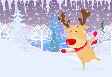 Christmas and New Year card template. Cute dancing reindeer, icicles and snowy fir trees in background. Festive design can be used for banners, posters, postcardsのイラスト素材