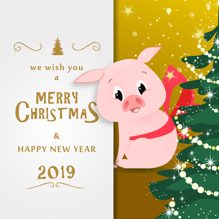 Christmas and New Year poster design. Cute pig with bow and sparkling Xmas tree on golden background. Template can be used for banners, greetings, invitation cardsのイラスト素材