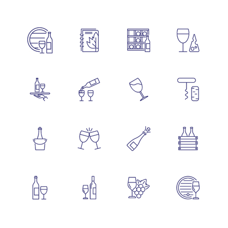 Wine industry icons. Set of line icons on white background. Wine storage, champagne, corkscrew. Alcoholic drinks concept. Vector can be used for topics like winery, restaurant, beverageのイラスト素材