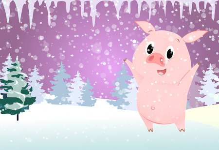 Christmas card template. Cute pig, icicles and snowy fir trees in background. Festive design can be used for banners, posters, postcardsのイラスト素材