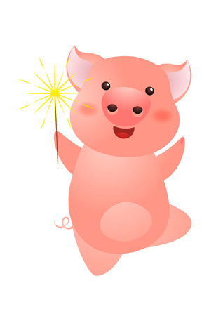 Excited pig holding sparkler. Happy, cheerful, dancing. Symbol of year concept. Can be used for topics like firework, Christmas, partyのイラスト素材