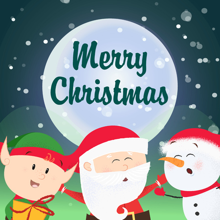 Merry Christmas flyer design. Cute singing snowman, elf and Santa Claus. Night and snow in background. Template can be used for banners, posters, postcardsのイラスト素材