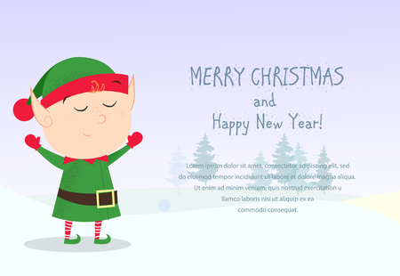 Christmas and New Year banner design with festive elf and fir trees in light background. Template can be used for greeting cards, posters, postcardsのイラスト素材