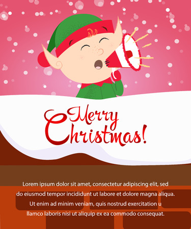 Merry Christmas poster design. Xmas elf standing on snow covered rooftop and announcing news. Illustration can be used for banners, flyers, postcardsのイラスト素材