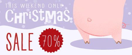 Christmas sale this weekend banner design. Xmas pig dancing with snow in background. Illustration can be used for flyers, posters, signsの写真素材