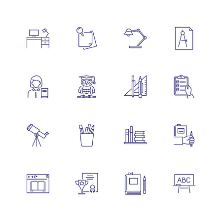 School icons. Set of line icons on white background. Telescope, table lamp, pupil, school desk. Can be used for topics like education, university, schoolの写真素材