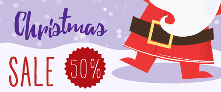 Christmas sale banner design. Dancing Santa Claus and snow in violet background. Illustration can be used for flyers, posters, signsのイラスト素材