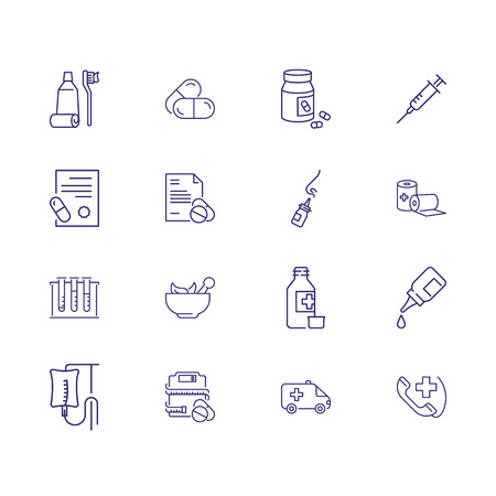 Health care line icon set. Teeth cleaning, eye drops, ambulance. Medicine concept. Can be used for topics like emergency, disease, treatmentのイラスト素材