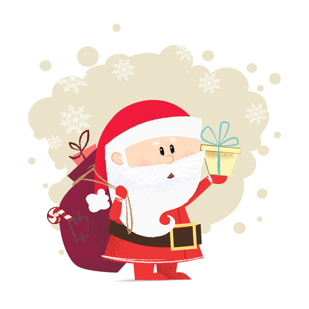 Santa poster design. Drawing of cartoon Santa Claus carrying sack with presents and giving gift box  background with snowflakes. Can be used for topics like Christmas, holiday, festival, cartoonのイラスト素材