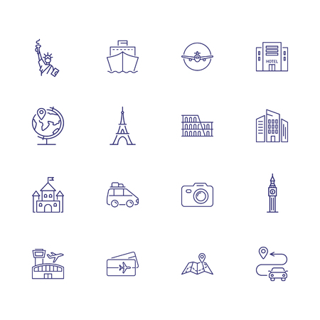 Travel and vacation icons. Set of line icons. Cruise, tourism, lifestyle. Leisure concept. Vector illustration can be used for topics like sightseeing, tour, tripのイラスト素材