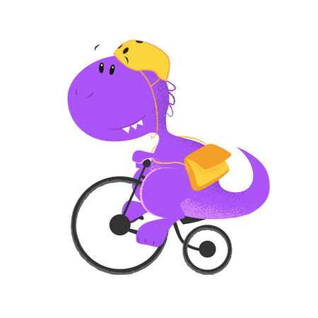 Purple dinosaur riding bicycle. Character, recreation, toy. Can be used for topics like safety, activity, transportationのイラスト素材