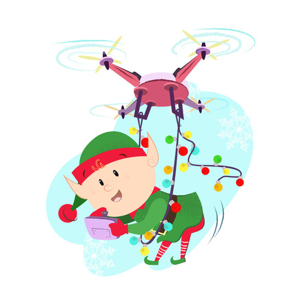 Elf with digital tablet tied to quad copter with xmas lights. Vector illustration of cartoon element on blue background. Christmas delivery, event, character. Can be used for postcard, poster, leafletのイラスト素材