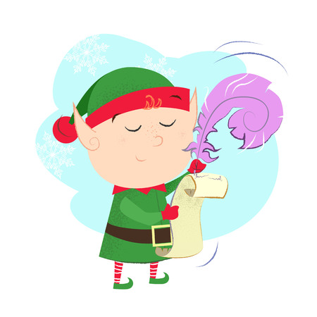 Happy Christmas elf writing letter to Santa. Vector illustration of cartoon element on blue background. Holiday, character, fairy tale. Can be used for greeting card, postcard, poster, leafletのイラスト素材