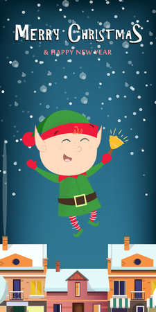 Christmas elf blue poster design. Creative lettering with cartoon elf on blue background with snowflakes. Can be used for postcards, invitations, greeting cardsのイラスト素材