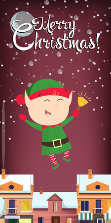 Christmas elf greeting poster design. Creative lettering with cartoon elf on background with snowflakes and winter town. Can be used for postcards, invitations, greeting cardsのイラスト素材