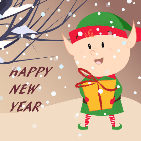 Happy New Year creative greeting card design with elf. Lettering with christmas elf holding gift box on background with tree branches. Can be used for postcards, invitations, greeting cardsのイラスト素材