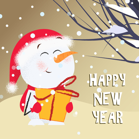 Happy New Year creative greeting card design with snowman. Lettering with snowman in red hat holding gift box and branches of trees. Can be used for postcards, invitations, greeting cardsのイラスト素材