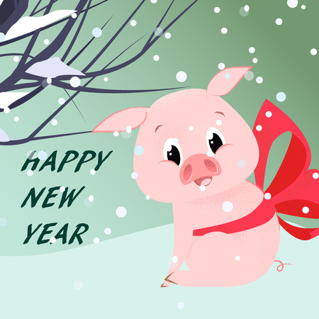 Happy New Year creative greeting card design with piglet. Lettering with piglet in red neckband on background with tree branches. Can be used for postcards, invitations, greeting cardsのイラスト素材