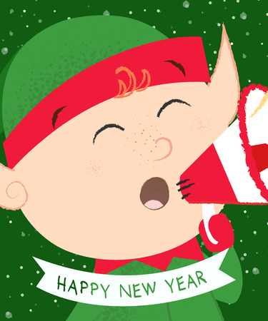 Happy New Year green elf with megaphone postcard design. Lettering with christmas elf with megaphone on green background. Can be used for postcards, invitations, greeting cardsのイラスト素材