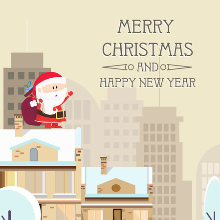 Merry Christmas and Happy New Year beige poster design. Inscription with Santa on top of the roof on background with cityscape. Can be used for postcards, invitations, greeting cardsのイラスト素材