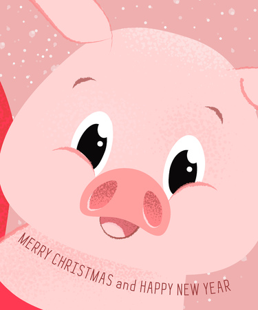 Merry Christmas and Happy New Year pink piglet greeting card design. Lettering with pink piggy face and snowflakes. Can be used for postcards, invitations, greeting cardsのイラスト素材