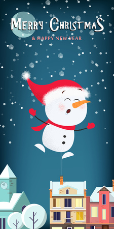 Merry Christmas and Happy New Year poster design. Creative lettering with snowman on background with snowflakes and cozy town buildings. Can be used for postcards, invitations, greeting cardsのイラスト素材