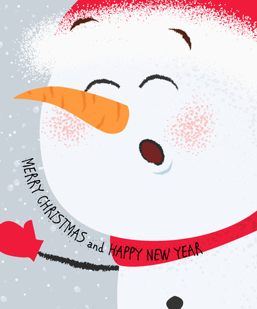 Merry Christmas and Happy New Year with snowman greeting card design. Lettering with singing snowman in red hat and scarf on gray background. Can be used for postcards, invitations, greeting cardsのイラスト素材