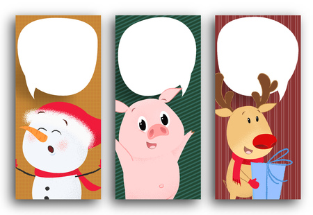 Postcard design with cartoon characters. Cartoon characters of piglet, deer and snowman with white speech bubbles for text. Can be used for postcards, invitations, greeting cardsのイラスト素材