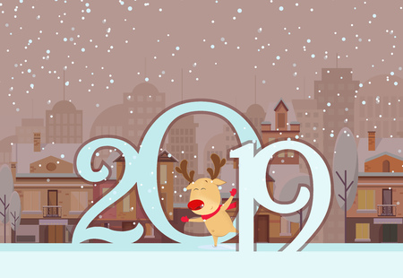 Poster design with deer and numbers. Cute deer inside zero number on background with snowy winter town. Can be used for postcards, invitations, greeting cardsのイラスト素材