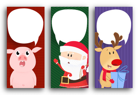 Poster design with deer, piglet and Santa. Cartoon characters of deer, Santa Claus and piglet with white speech bubbles for text. Can be used for postcards, invitations, greeting cardsのイラスト素材