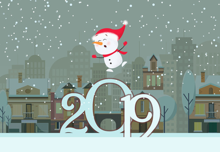 Poster design with flying snowman and numbers. Numbers and flying snowman on background with snowy winter town. Can be used for postcards, invitations, greeting cardsのイラスト素材